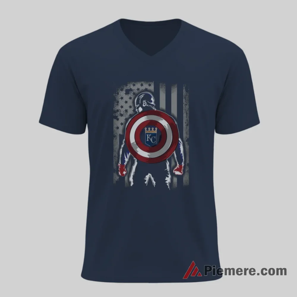 Kansas City Royals Captain America Flag Hero Baseball Shirt on navy v-neck shirt for men graphic tee