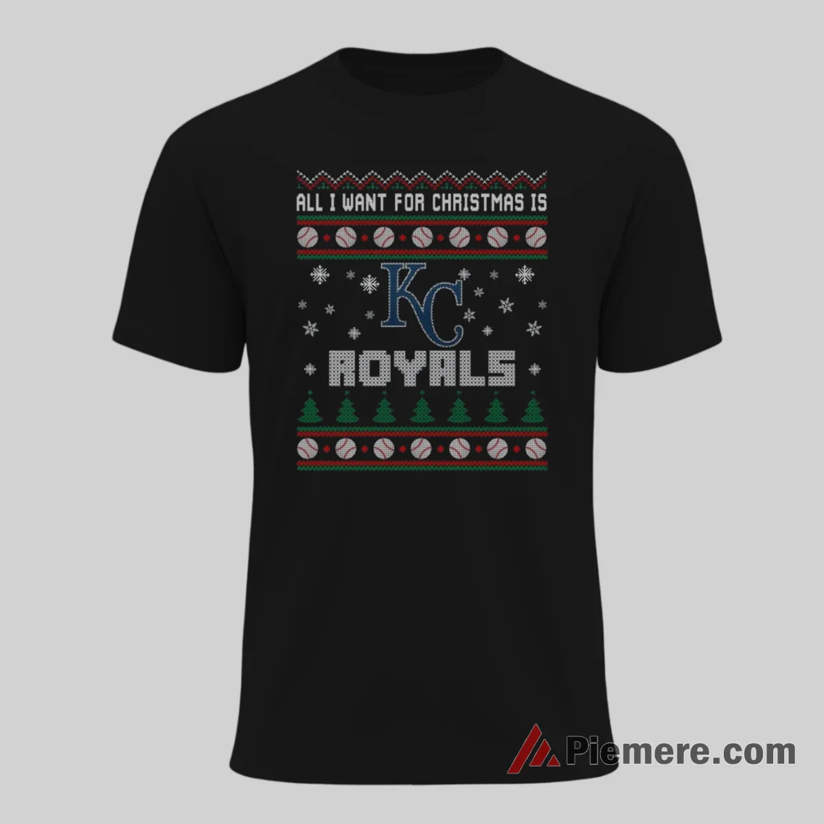 Kansas City Royals Christmas Ugly Sweater Style Baseball Fan Shirt on black short sleeve shirt for men graphic tee