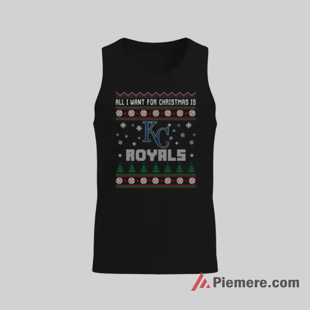 Kansas City Royals Christmas Ugly Sweater Style Baseball Fan Shirt on black tank top for men graphic tee