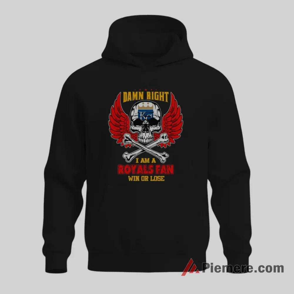 Kansas City Royals Damn Right I Am A Royals Fan Skull Shirt on black hoodie for men graphic tee