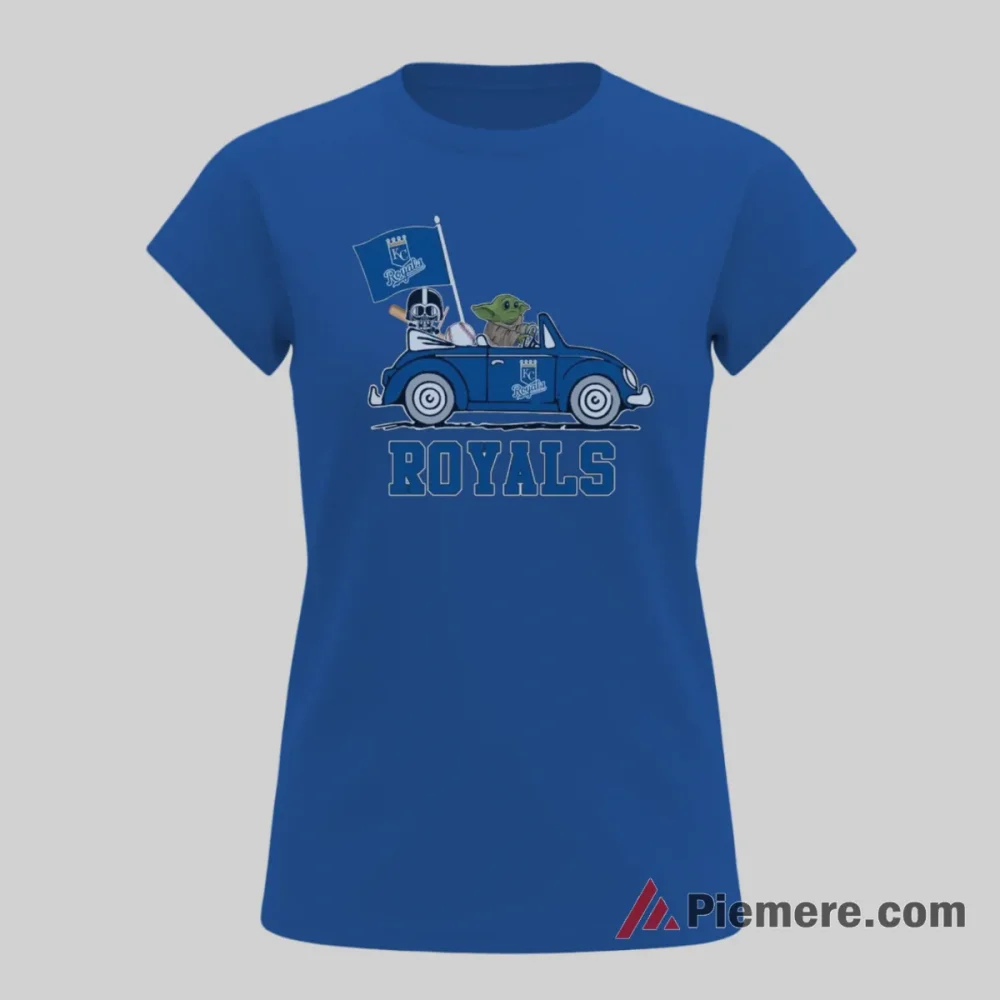 Kansas City Royals Darth Vader Baby Yoda Driving Cartoon Baseball Shirt on royal blue short sleeve shirt for women graphic tee