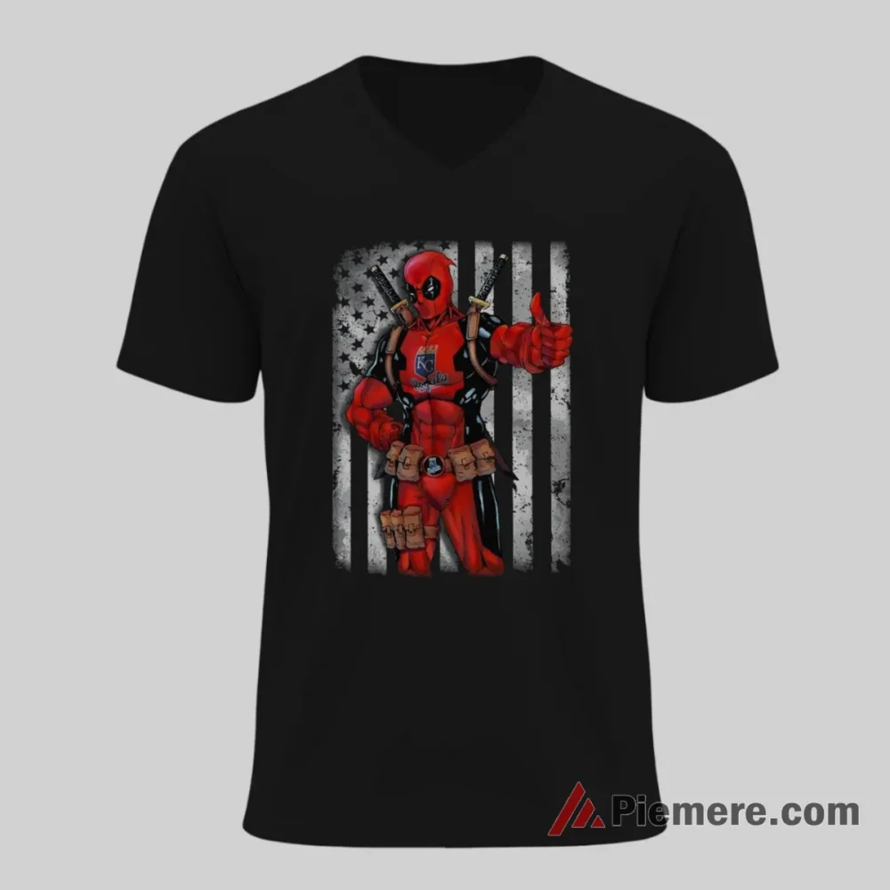 Kansas City Royals Deadpool American Flag Baseball Fan Shirt on black v-neck shirt for men graphic tee