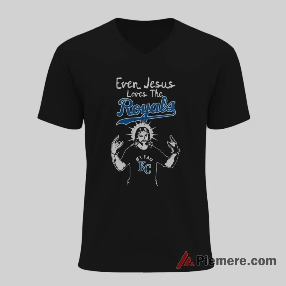 Kansas City Royals Even Jesus Loves The Royals Faith Shirt on black v-neck shirt for men graphic tee