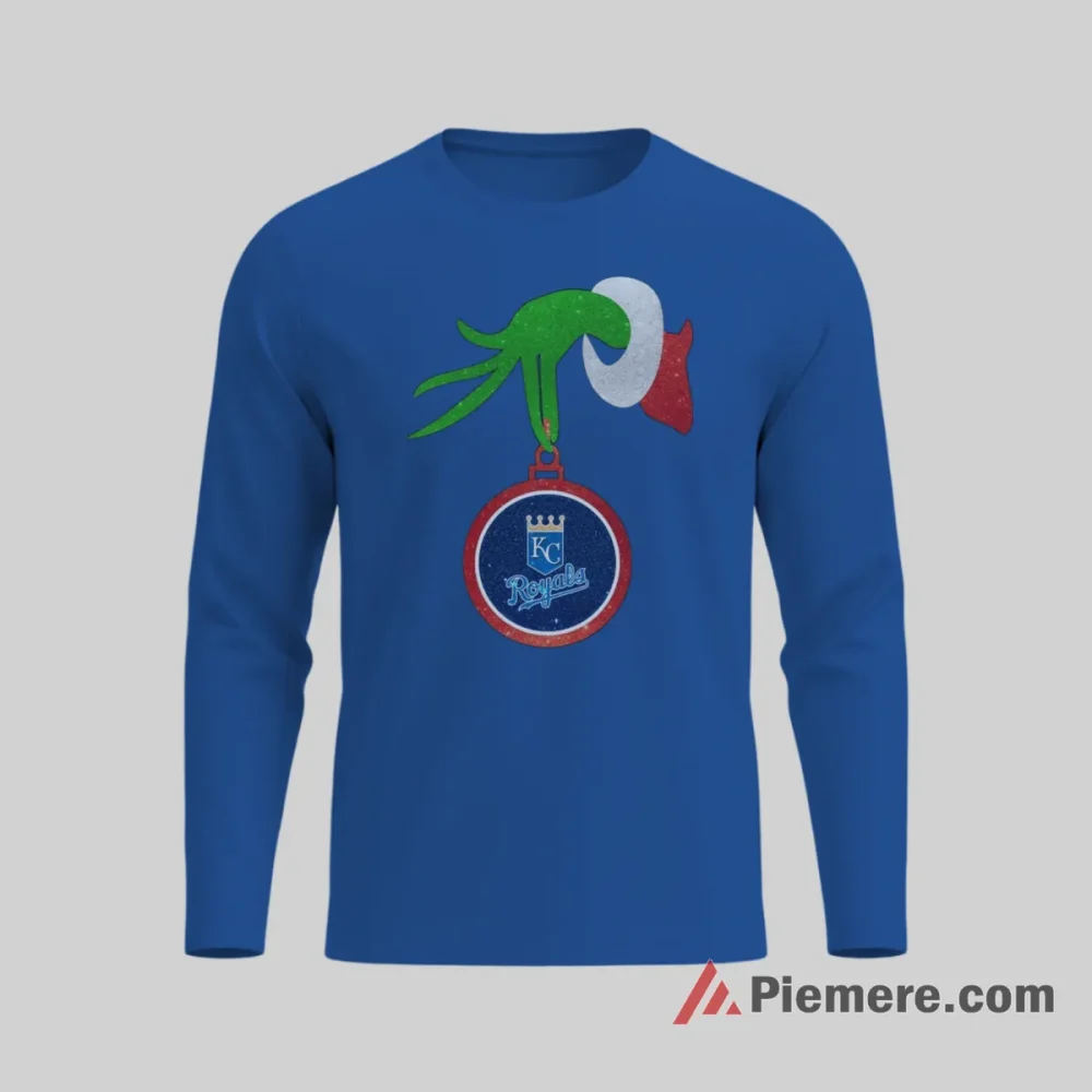 Kansas City Royals Grinch Christmas Baseball Ornament Shirt on royal blue long sleeve shirt for men graphic tee