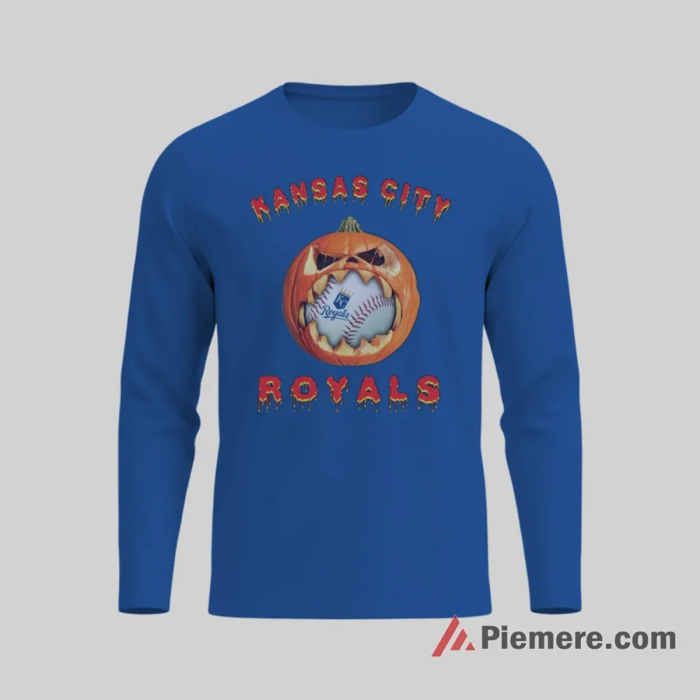 Kansas City Royals Halloween Baseball Pumpkin Shirt on royal blue long sleeve shirt for men graphic tee
