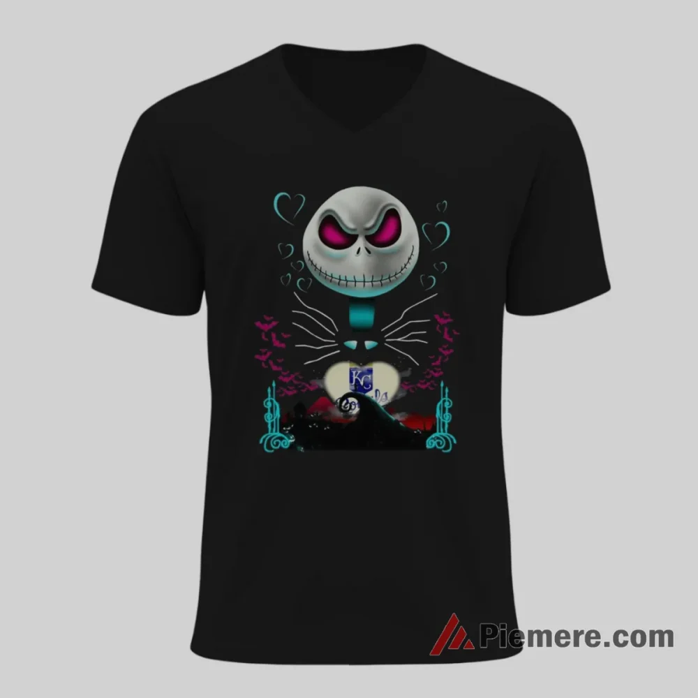 Kansas City Royals Jack Skellington And Sally Gothic Baseball Shirt on black v-neck shirt for men graphic tee