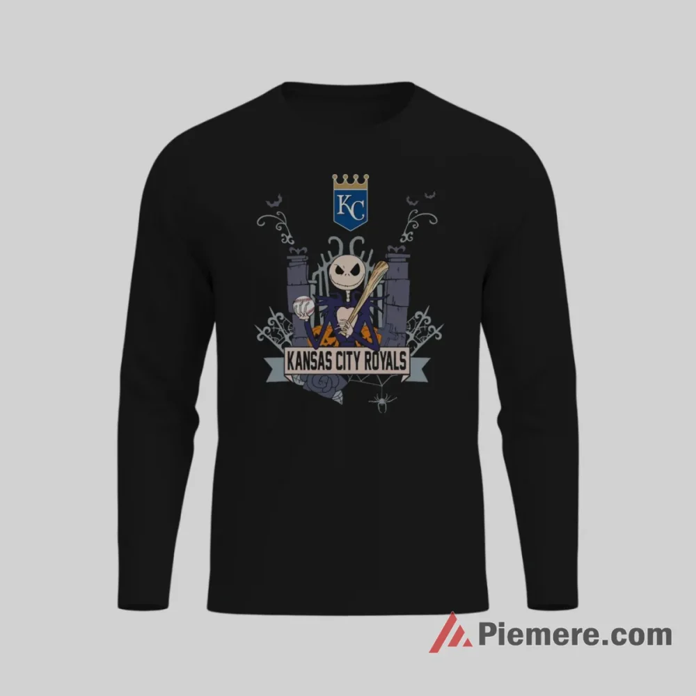 Kansas City Royals Jack Skellington Halloween Baseball Shirt on black long sleeve shirt for men graphic tee