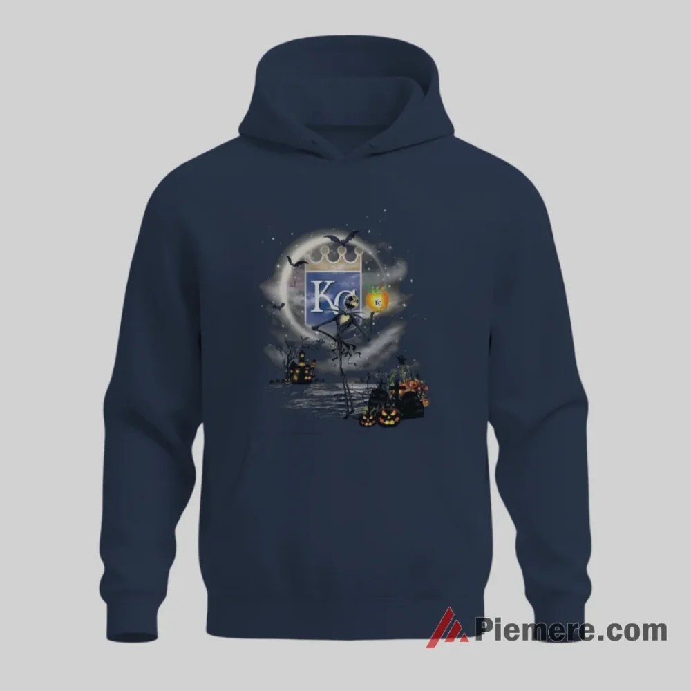 Kansas City Royals Jack Skellington Halloween Pumpkin Baseball Shirt on navy hoodie for men graphic tee