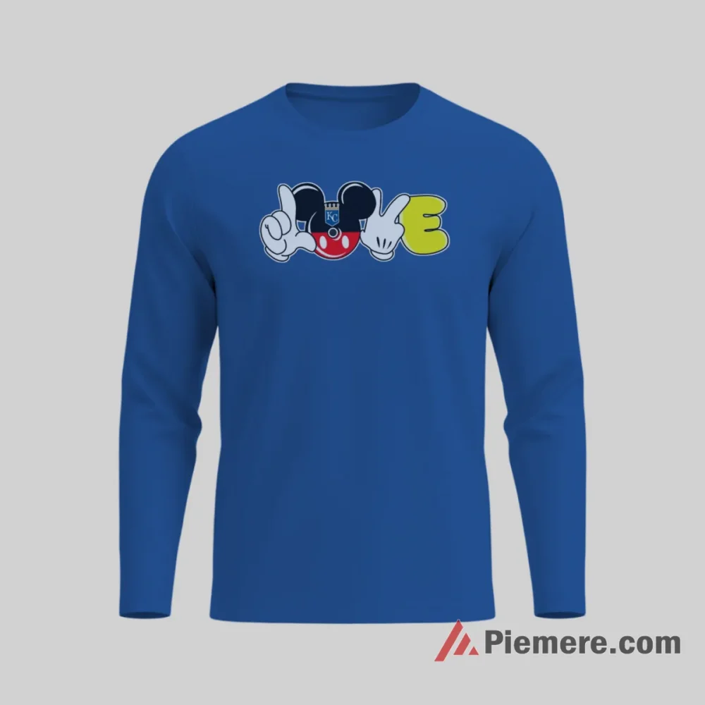 Kansas City Royals Mickey Mouse Baseball Love Shirt on royal blue long sleeve shirt for men graphic tee