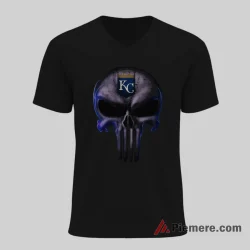 Kansas City Royals Punisher Skull Baseball Fan Shirt on black v-neck shirt for men graphic tee