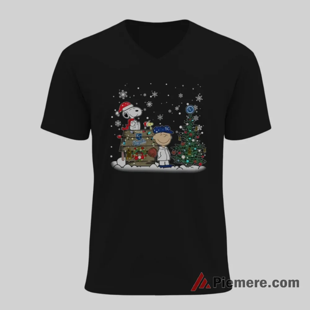 Kansas City Royals Snoopy Charlie Brown Christmas Baseball Shirt on black v-neck shirt for men graphic tee