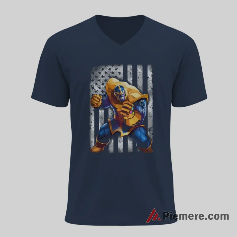 Kansas City Royals Thanos American Flag Power Baseball Shirt on navy v-neck shirt for men graphic tee