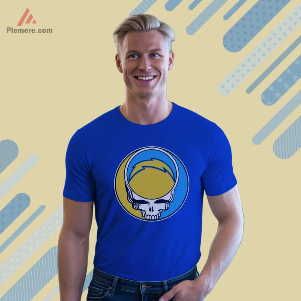 Los Angeles Chargers Grateful Dead Skull Shirt on royal blue short sleeve tee