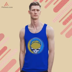 Royal blue tank top with striking skull graphic