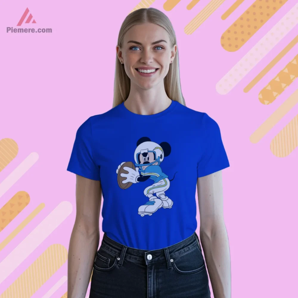 Los Angeles Chargers Mickey Mouse Shirt on royal blue short sleeve tee