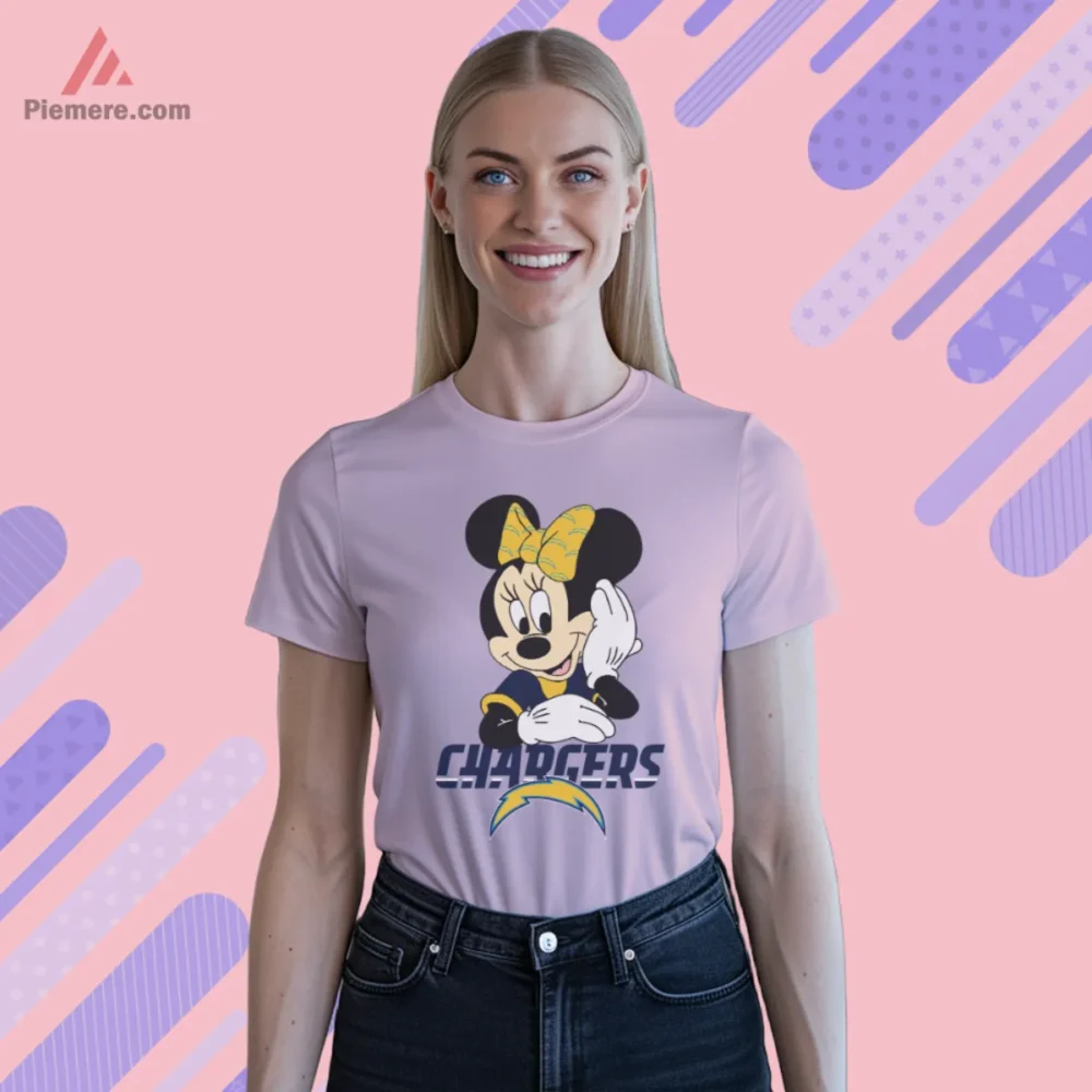 Los Angeles Chargers Minnie Mouse Shirt on light pink short sleeve for women