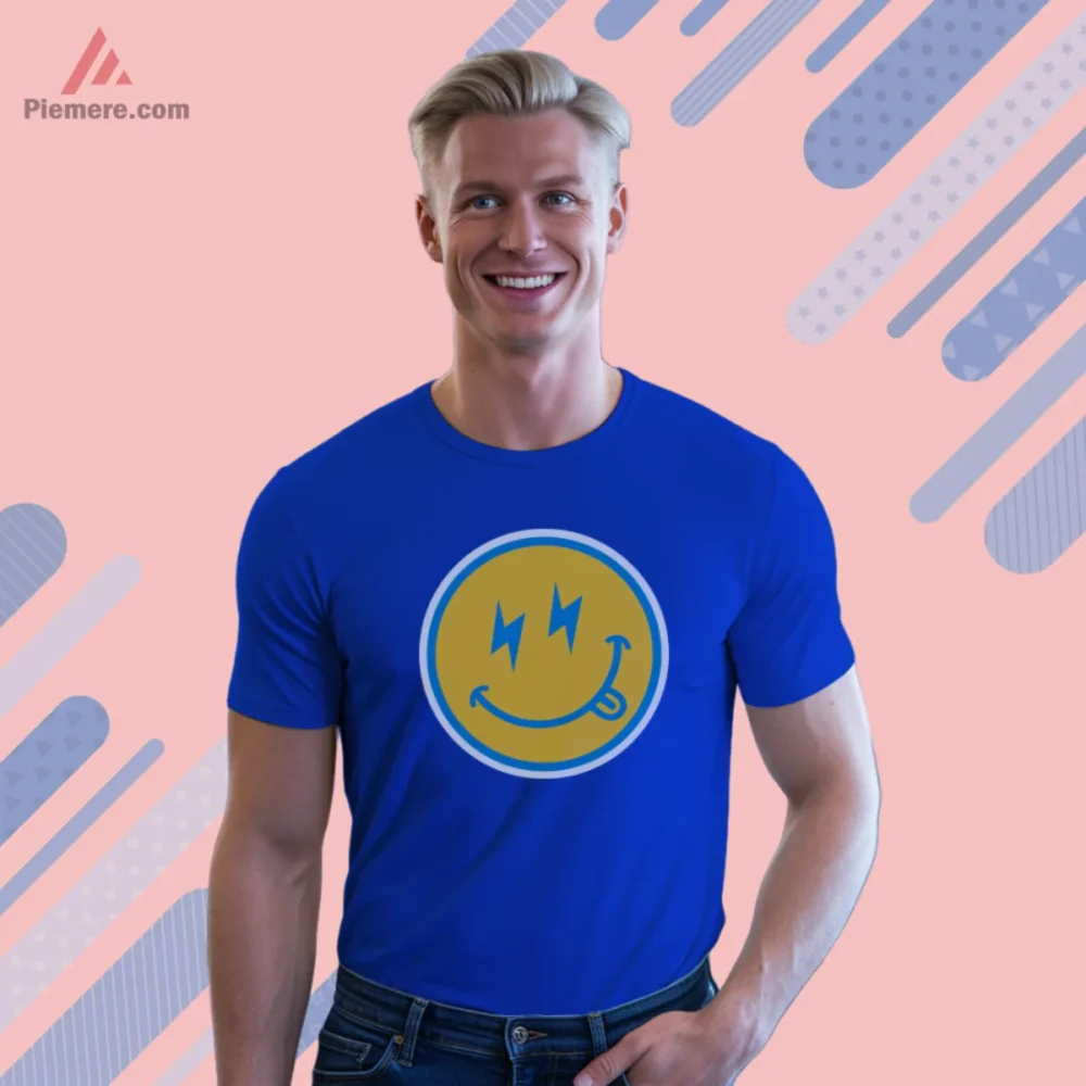 Los Angeles Chargers Smiley Face Shirt on royal blue short sleeve tee