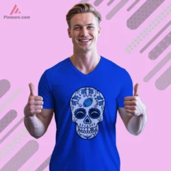 Royal blue V neck tee with festival inspired graphic