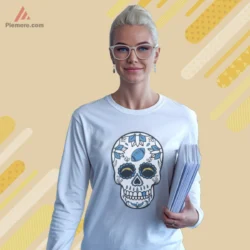 White long sleeve top with sugar skull in team colors