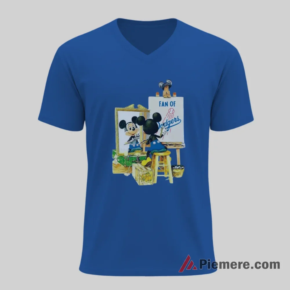 Los Angeles Dodgers Artistic Mickey Canvas Style Shirt on royal blue v-neck shirt for men graphic tee