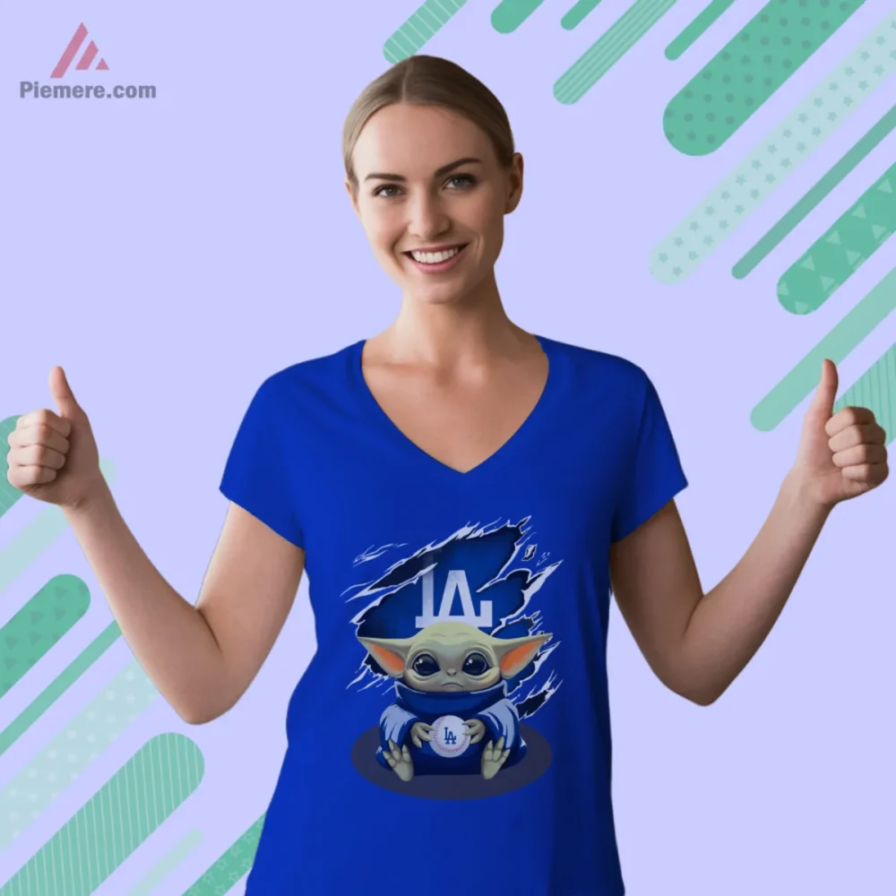 Los Angeles Dodgers Baby Yoda Shirt on royal blue v neck