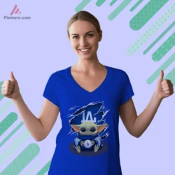 Los Angeles Dodgers Baby Yoda Shirt on royal blue v neck