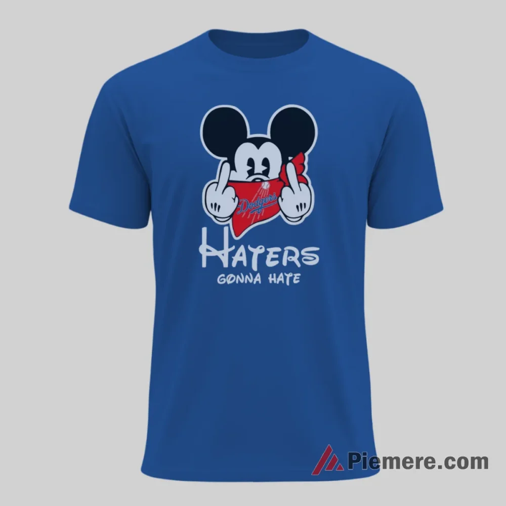 Los Angeles Dodgers Bold Mickey Haters Gonna Hate Shirt on royal blue short sleeve shirt for men graphic tee