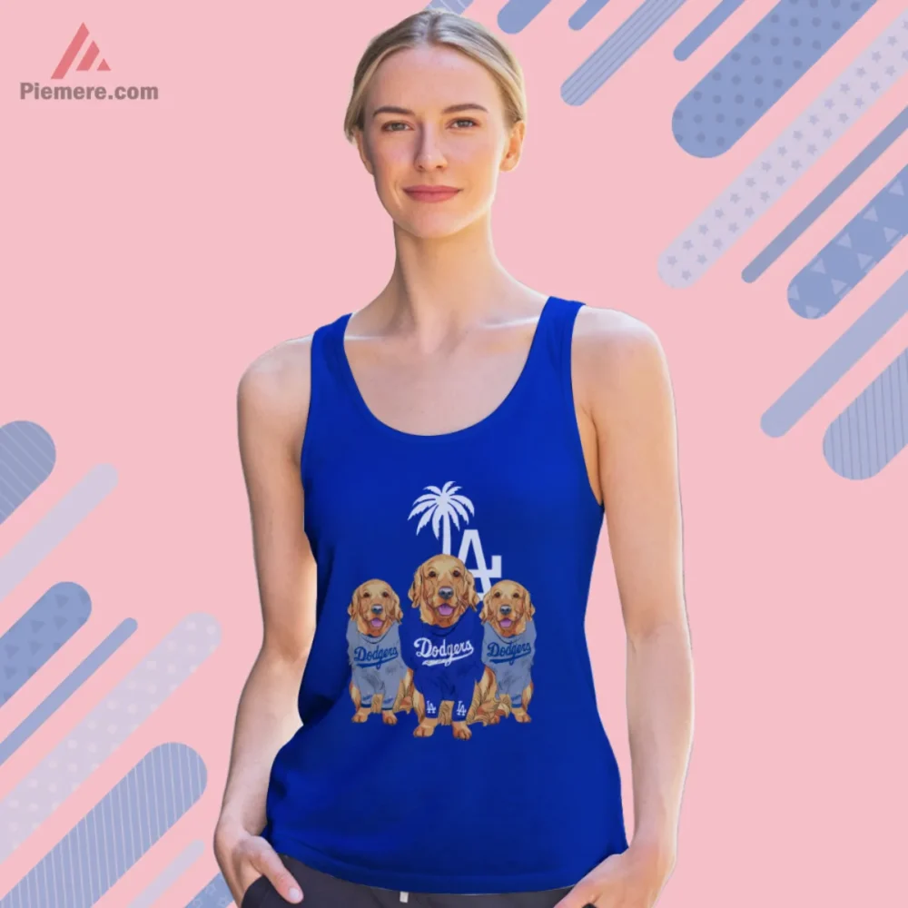 Los Angeles Dodgers Golden Retriever Shirt on royal blue tank top