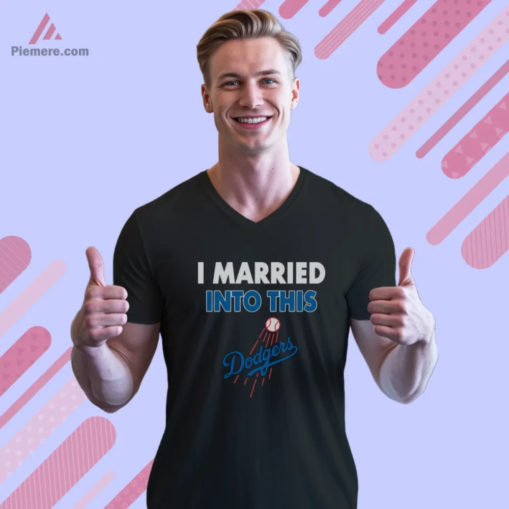 Los Angeles Dodgers I Married Into This Shirt on black v neck