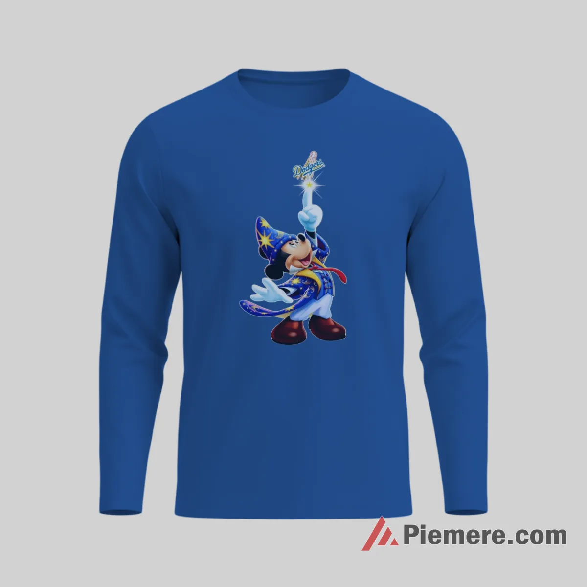 Los Angeles Dodgers Magical Sorcerer Mickey Baseball Shirt on royal blue long sleeve shirt for men graphic tee