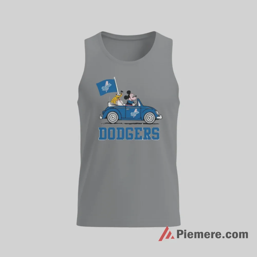 Los Angeles Dodgers Mickey Mouse And Pluto Road Trip Shirt on sport grey tank top for men graphic tee