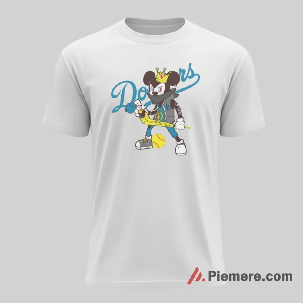 Los Angeles Dodgers Mickey Peace Sign Street Style Shirt on white short sleeve shirt for men graphic tee