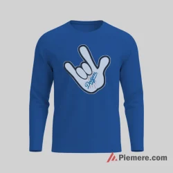 Los Angeles Dodgers Mickey Rock Hand Fan Energy Shirt on royal blue long sleeve shirt for men graphic tee