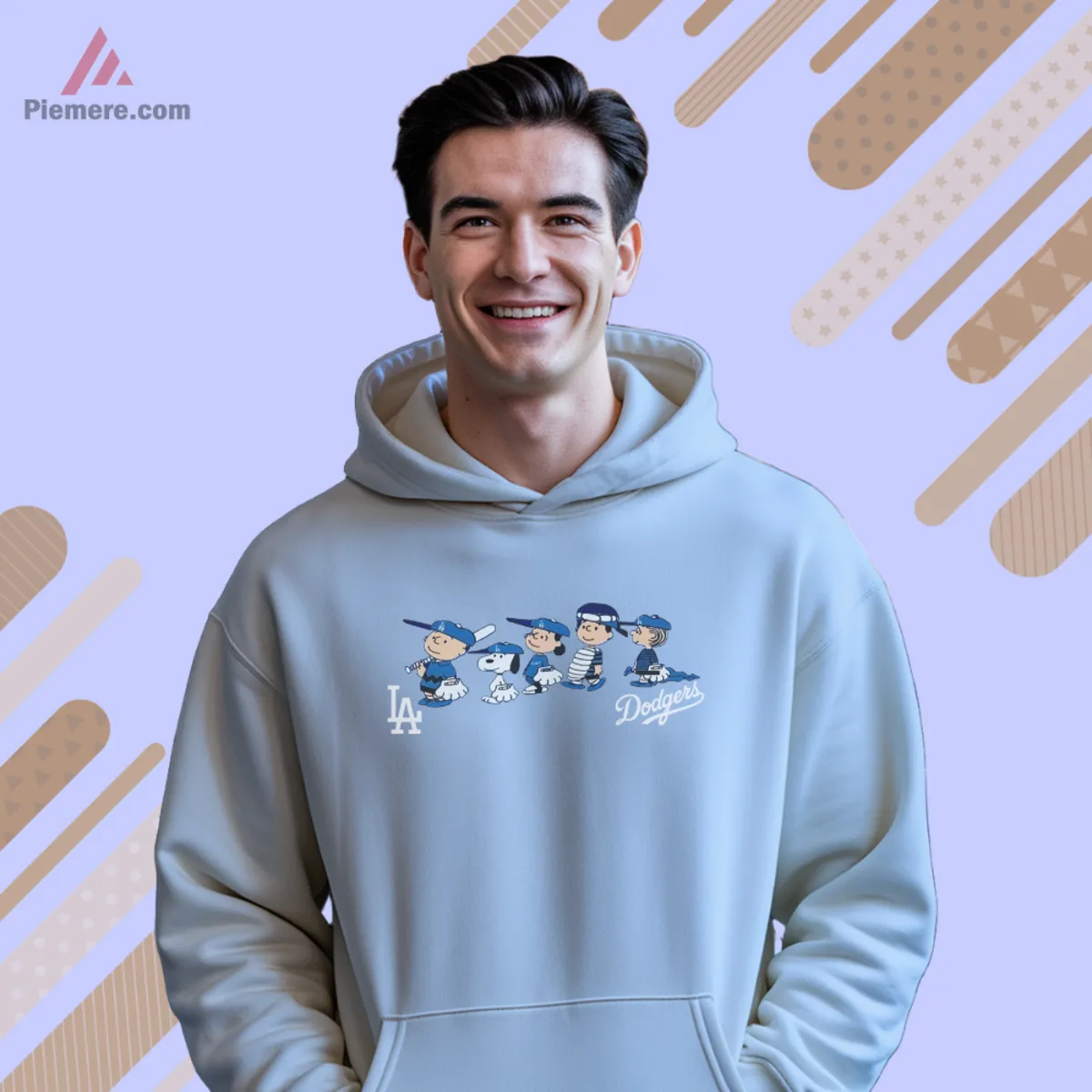 Light blue hoodie featuring Snoopy and friends in Dodgers caps