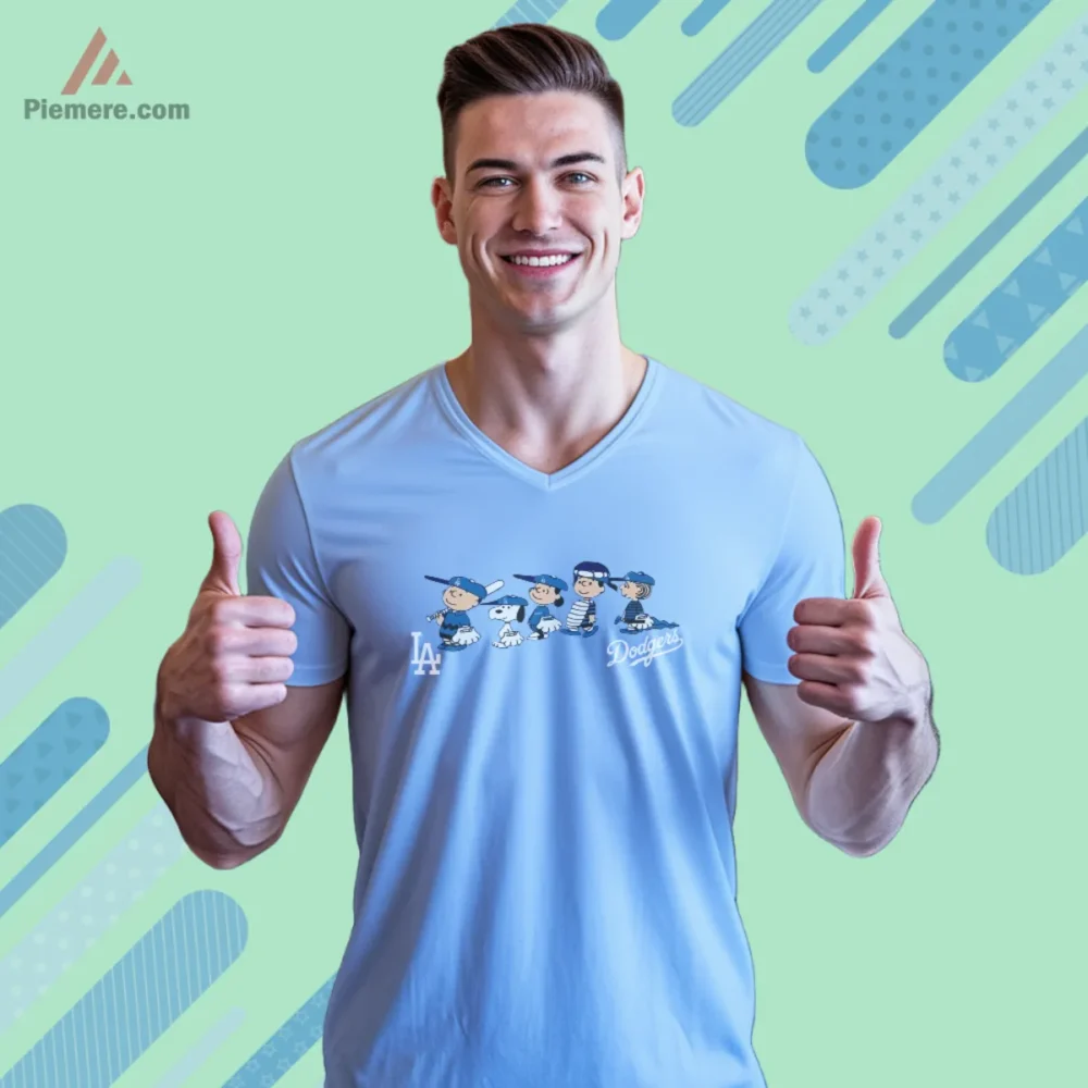 Los Angeles Dodgers Snoopy Shirt with Peanuts lineup on light blue