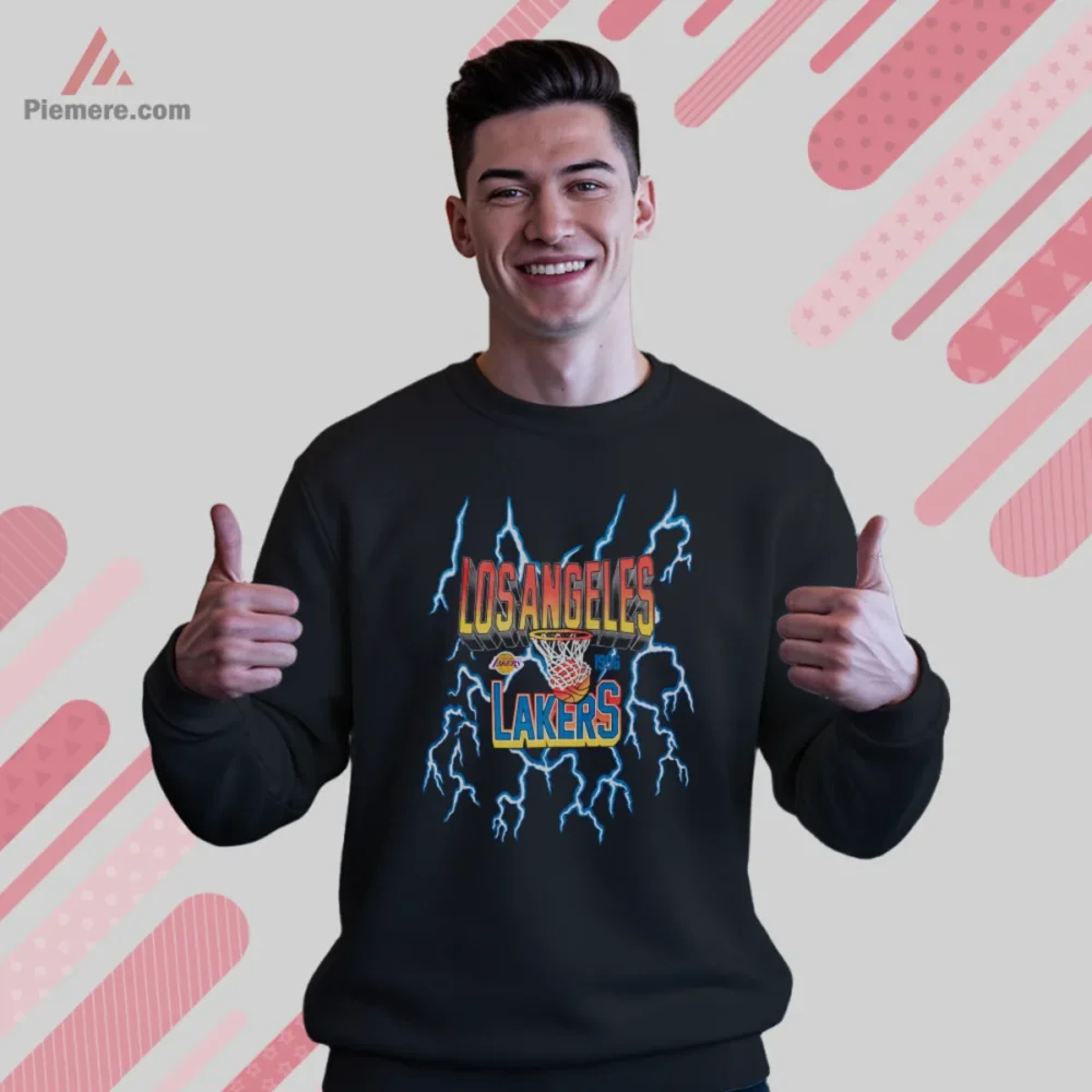 Los Angeles Lakers Electric Lightning Basketball Shirt graphic on black sweatshirt