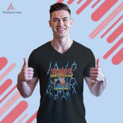 Black V neck Lakers shirt with lightning art