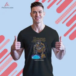 Black V neck Lakers shirt with bubble theme artwork