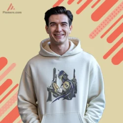 White hoodie with blue and gold armor graphic