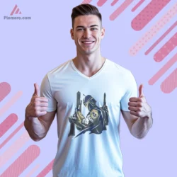 White V neck showing jetpack cape and shoulder crest