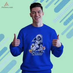 Royal blue sweatshirt with playful Rams trio graphic