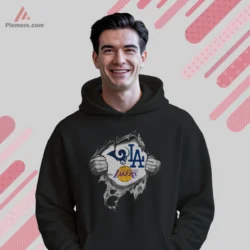 Black hoodie with bold rip effect and LA team logos