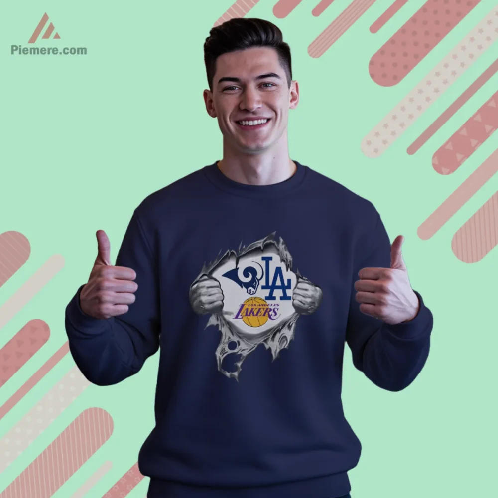 Navy sweatshirt with rip reveal of Rams Dodgers and Lakers logos