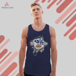 Navy tank top featuring triple team mashup graphic