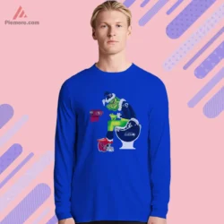 Long sleeve option in royal blue with bold graphic