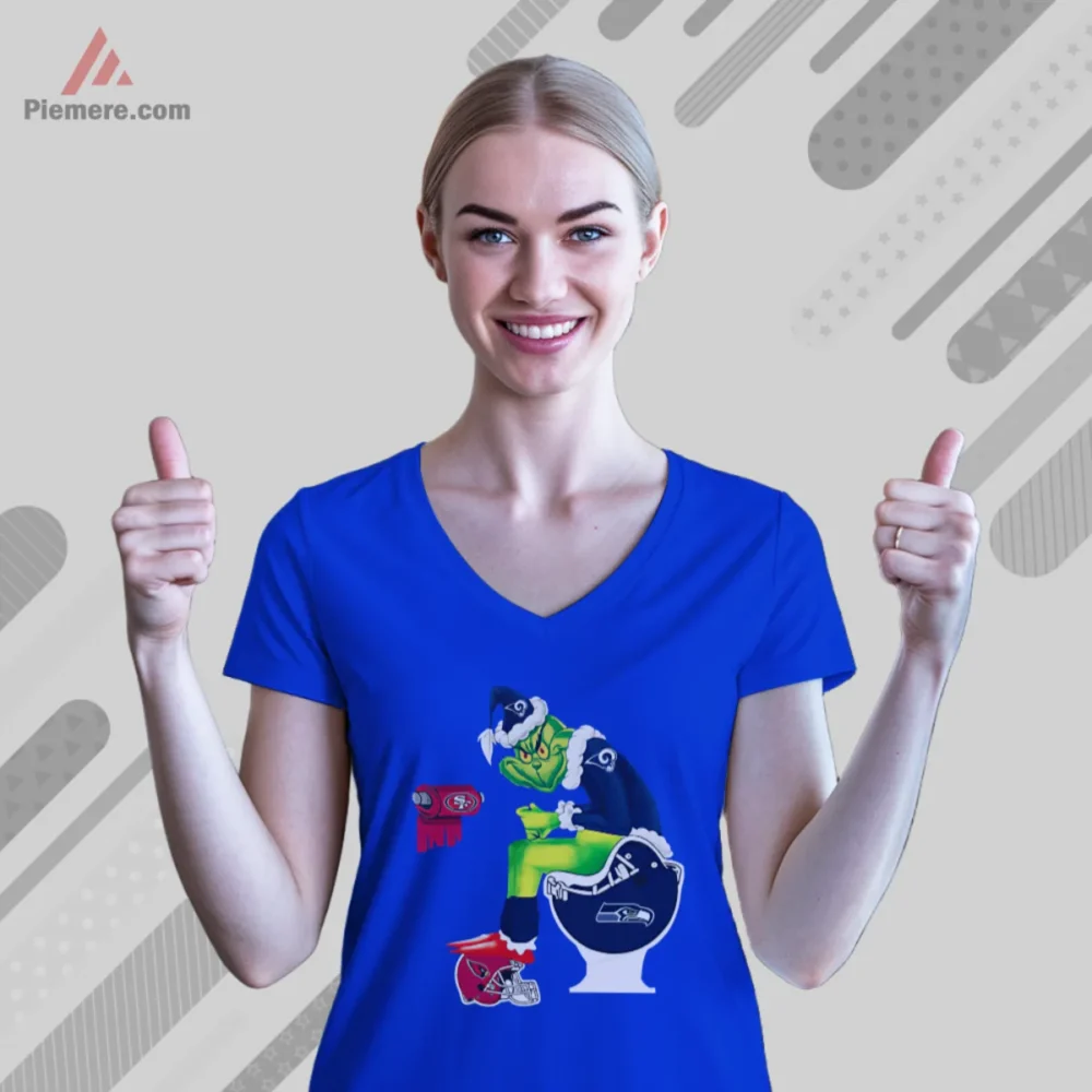 Women v neck with Rams rivalry graphic in royal blue