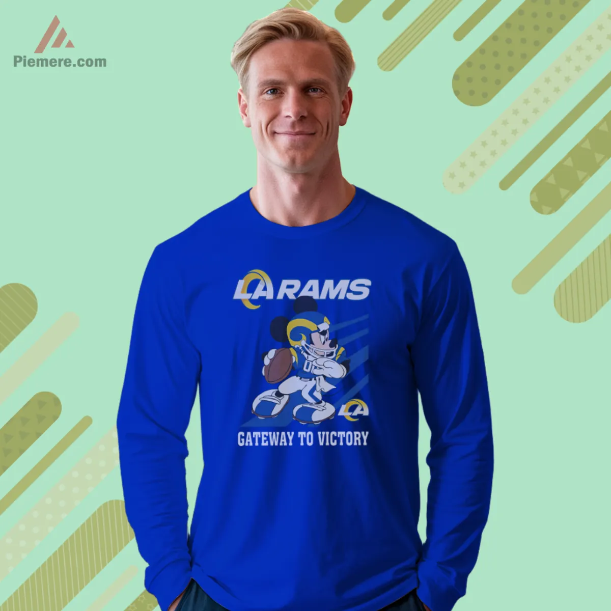 Royal blue long sleeve with quarterback art and LA Rams text