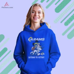 Los Angeles Rams Mickey Mouse Gateway to Victory Shirt on royal blue hoodie front