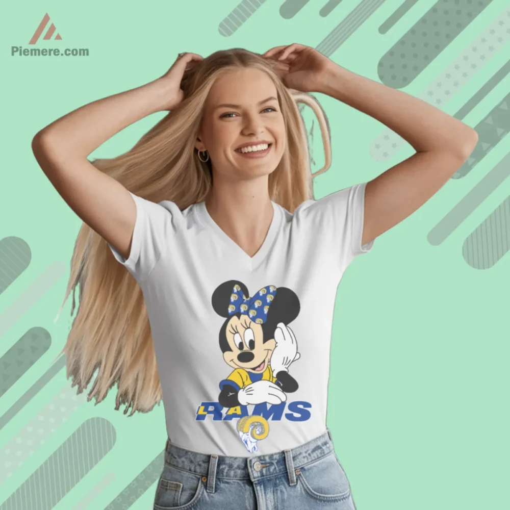 White V neck with character pose and Rams lettering