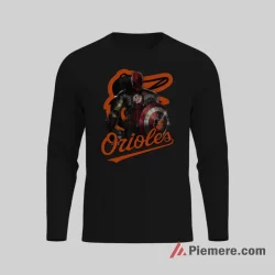 Marvel Heroes Baltimore Orioles Team Crossover Shirt on black long sleeve shirt for men graphic tee